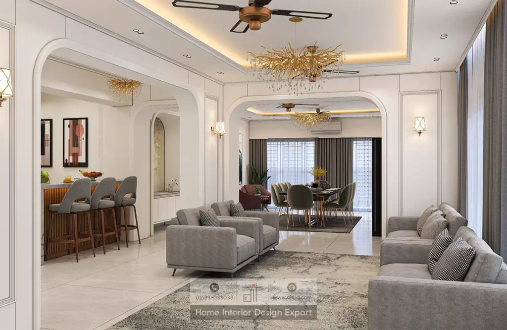 Full living-dining panorama with gold chandeliers and classical white panelling in Dhanmondi-6A by DIT Studio
