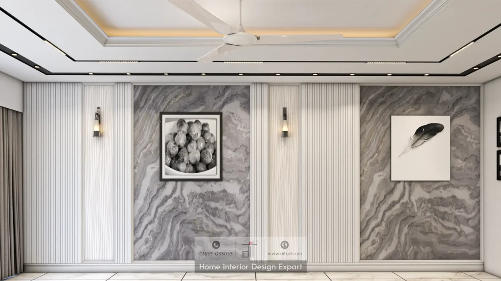 Marble feature wall with white fluted panels, black-and-gold wall sconces, and framed artwork in luxury Narayanganj living room by DIT Studio
