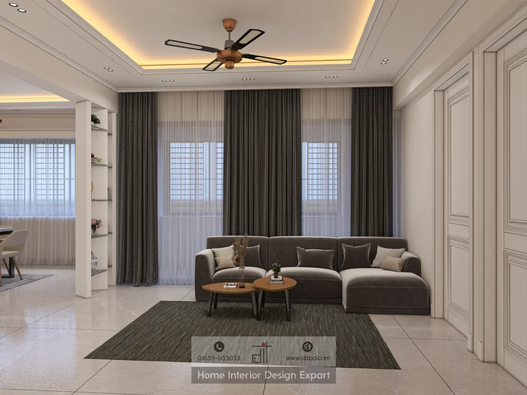 Seating area with dark grey sofa, charcoal curtains, and neoclassical white panelling in Gulshan living room by DIT Studio
