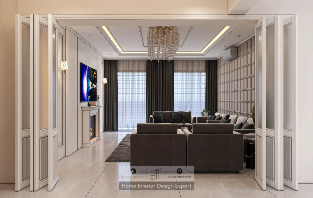 Grand living room entrance through white bi-fold doors with crystal chandelier, velvet sofa, and fireplace in Gulshan by DIT Studio