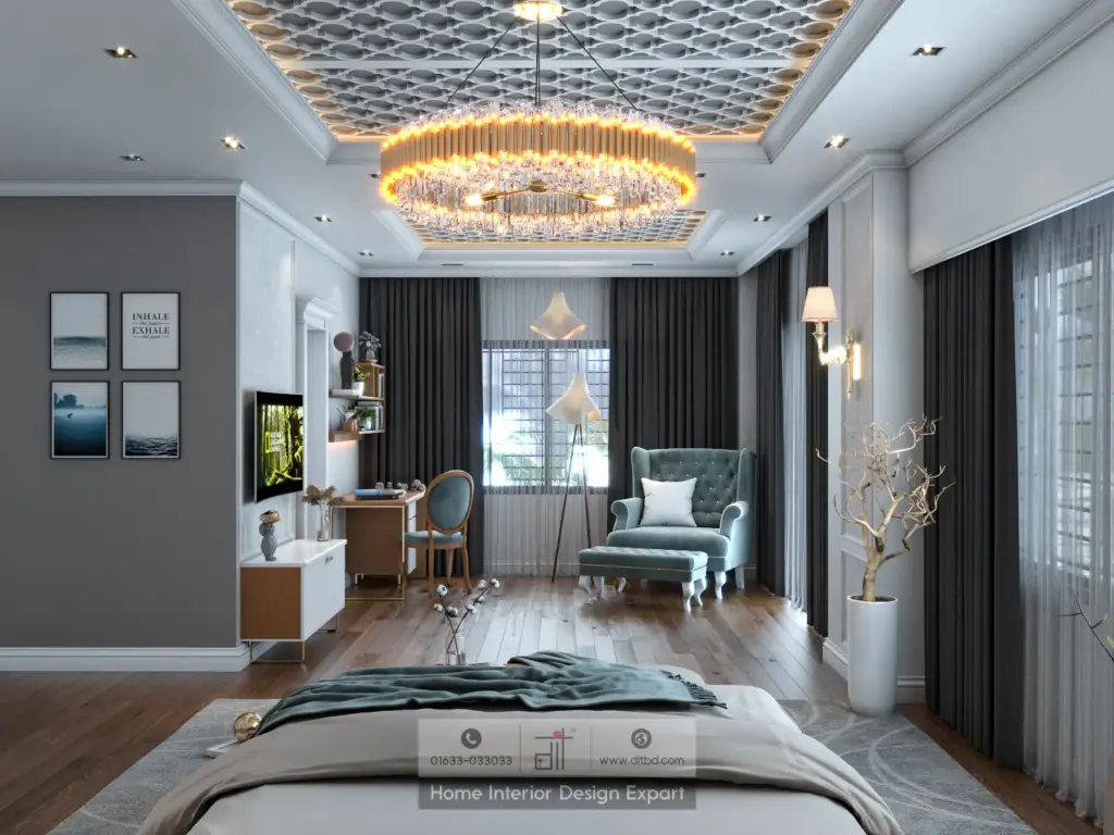 Luxury master bedroom interior with built-in wardrobe and accent lighting designed for a Gulshan duplex
