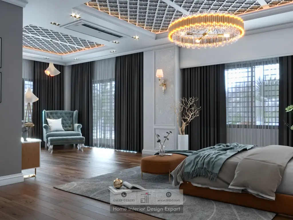 Luxury master bedroom with crystal chandelier, white diamond-tufted wall, teal wingback armchair, and caramel ottoman in Gazipur by DIT Studio