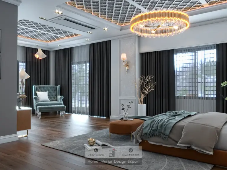 Luxury master bedroom with crystal chandelier, white diamond-tufted wall, teal wingback armchair, and caramel ottoman in Gazipur by DIT Studio