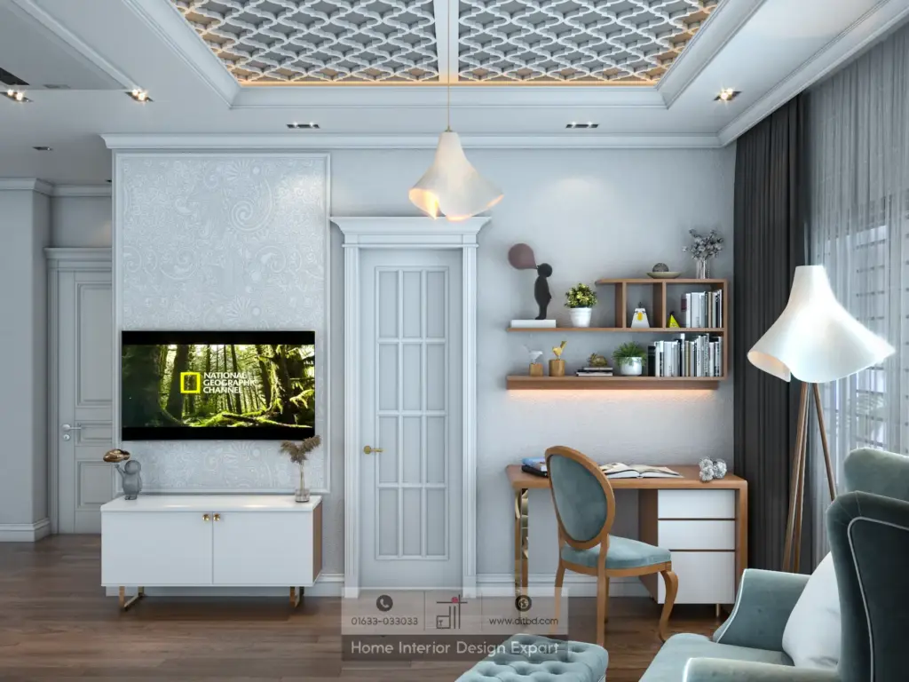 TV wall with paisley wallpaper, walnut study desk, teal velvet Louis XVI chair, and geometric ceiling lattice in Gazipur luxury bedroom by DIT Studio