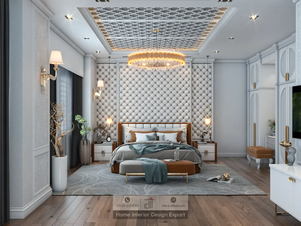 Full panoramic view of luxury master bedroom showing tufted wall, crystal chandelier, neoclassical wardrobes, and dark wood flooring by DIT Studio