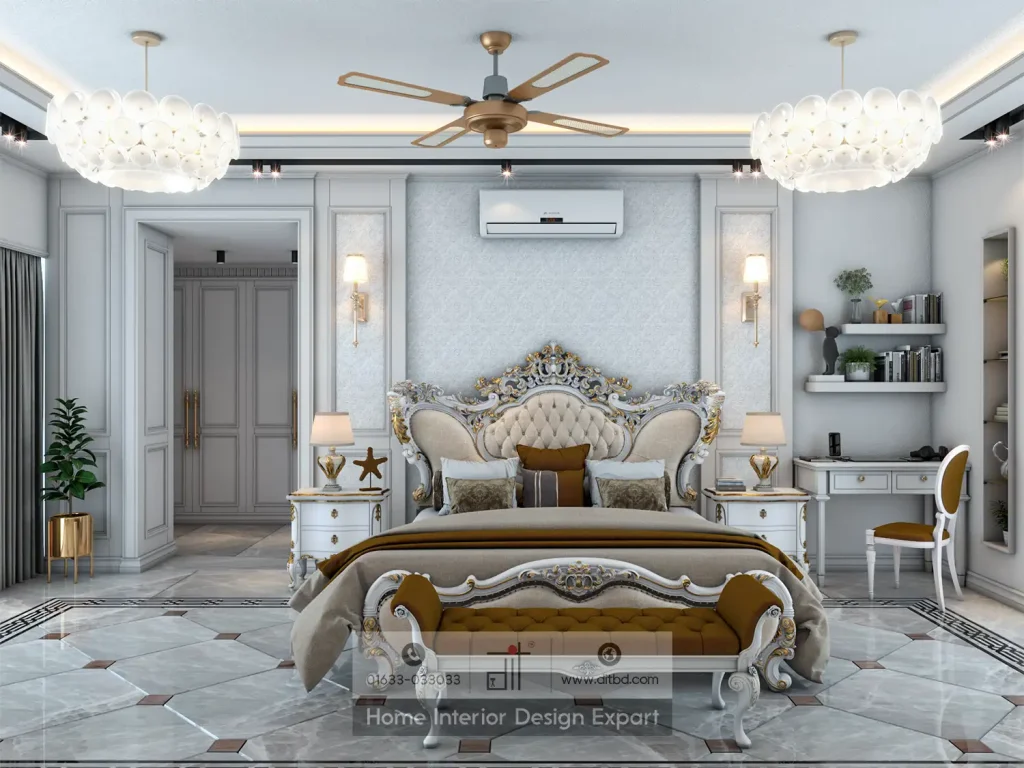 Luxury baroque bed with gold-leaf headboard and bubble chandeliers in Dhanmondi-10A master bedroom by DIT Studio