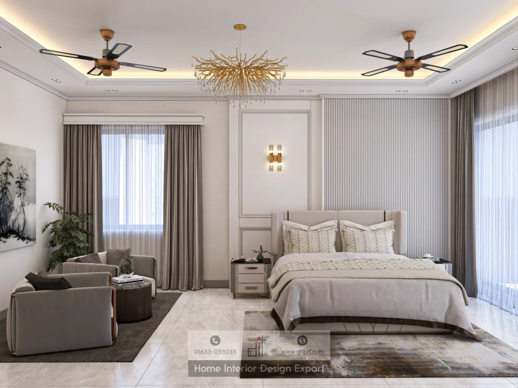 Wide-angle view of luxury master bedroom with fluted headboard and gold chandelier in Gulshan-2 by DIT Studio