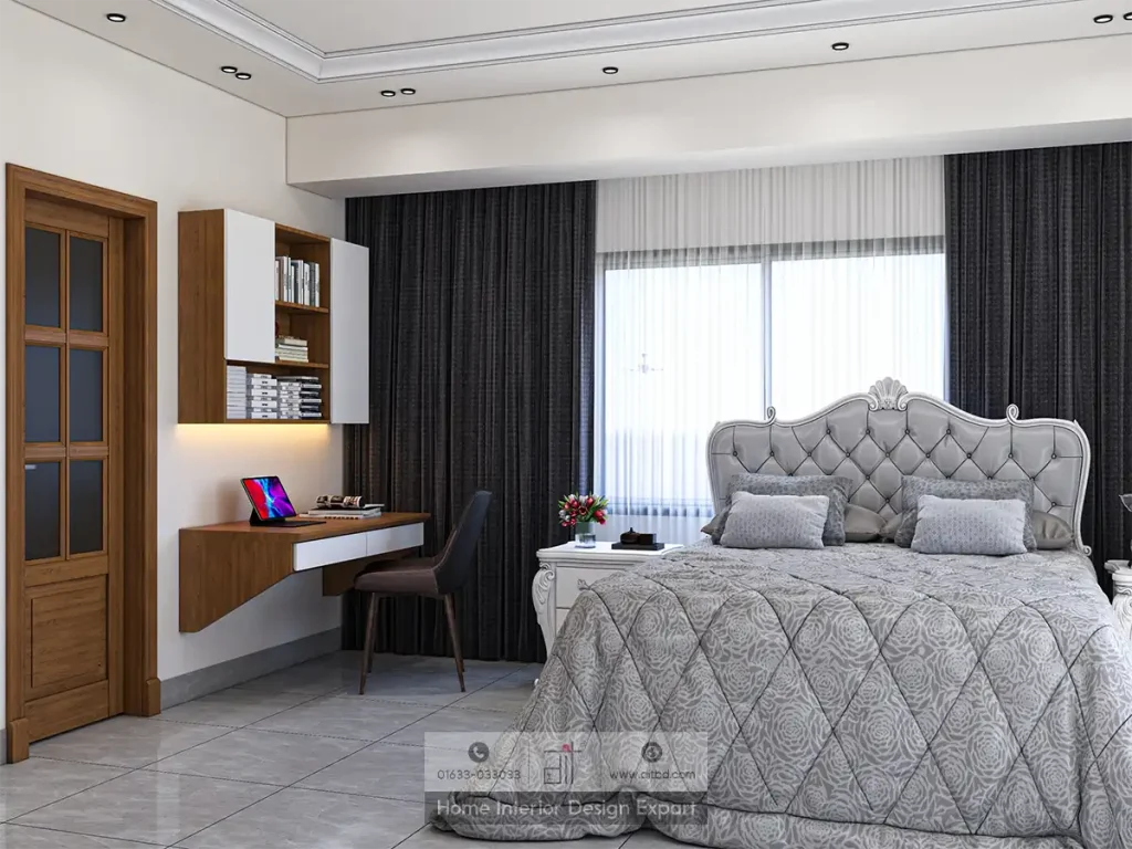 Luxury master bedroom with floating walnut study desk, silver tufted French headboard, and charcoal curtains by DIT Studio Bangladesh