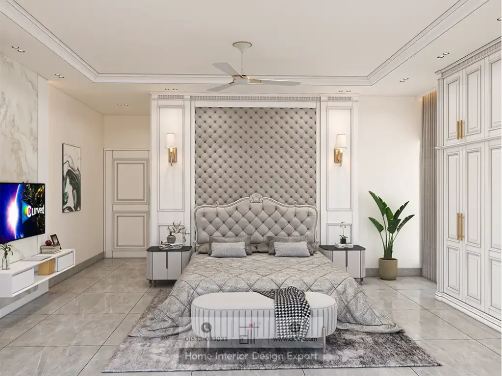 Luxury master bedroom with silver tufted headboard neoclassical wall panelling and white wardrobe designed by DIT Studio in Uttara Sector 7 Dhaka