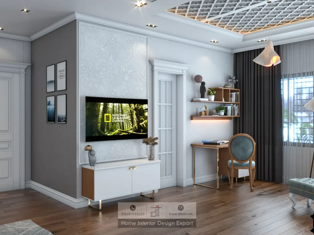 Wider TV wall view with gallery art display, walnut study desk, teal chair, and decorative ceiling lattice in Gazipur bedroom by DIT Studio