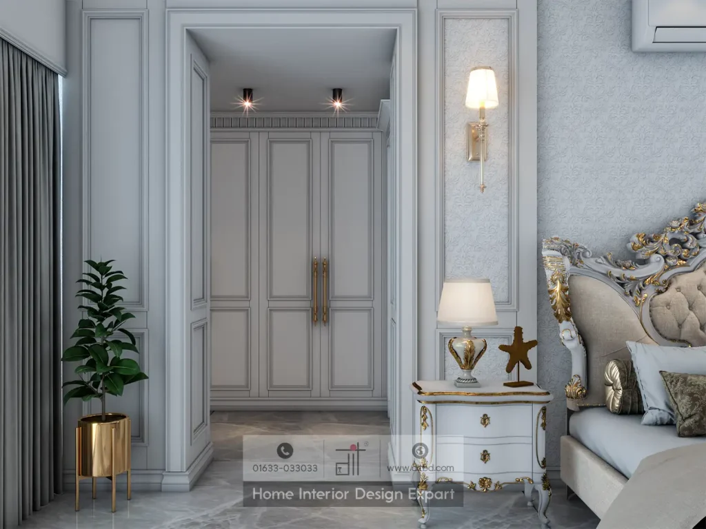 Neoclassical nightstand with gold accents and built-in wardrobe alcove in Dhanmondi-10A bedroom designed by DIT Studio