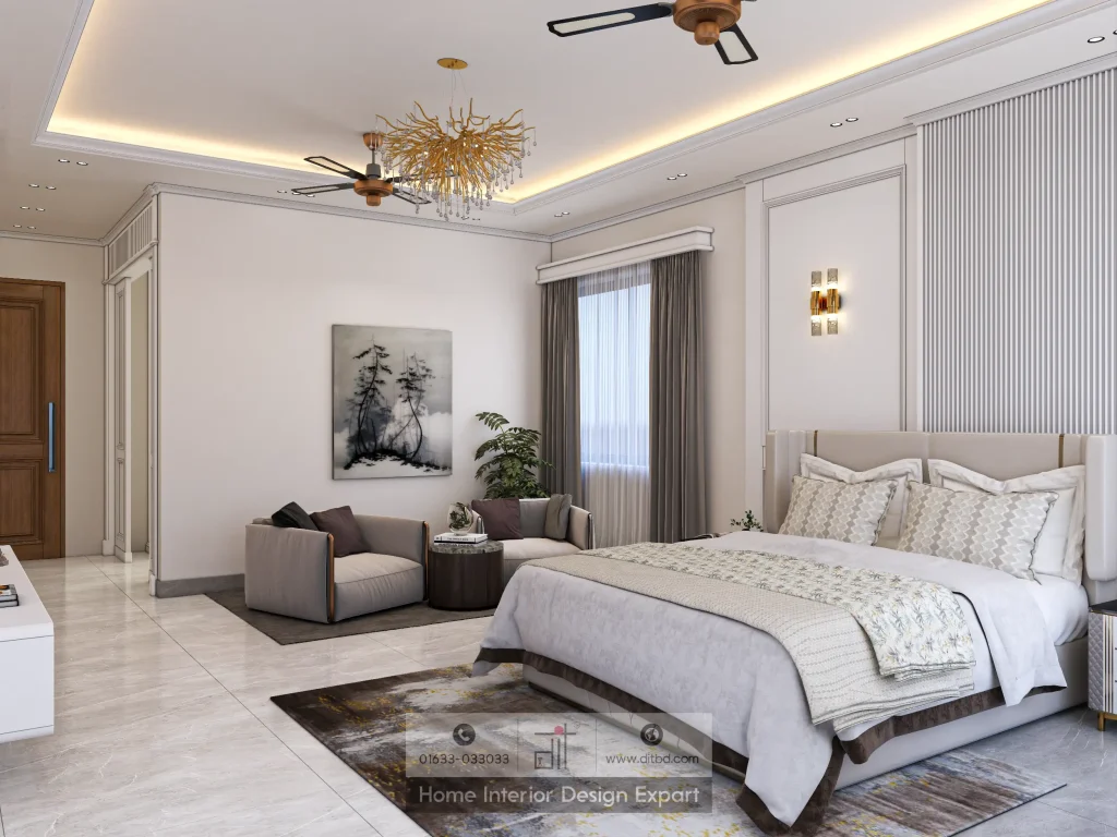 Grey armchair seating area with ink-wash artwork in Gulshan-2 master bedroom by DIT Studio