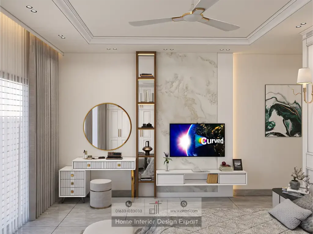 Vanity area with gold mirror and marble TV wall with floating console in luxury bedroom by DIT Studio Uttara Sector 7