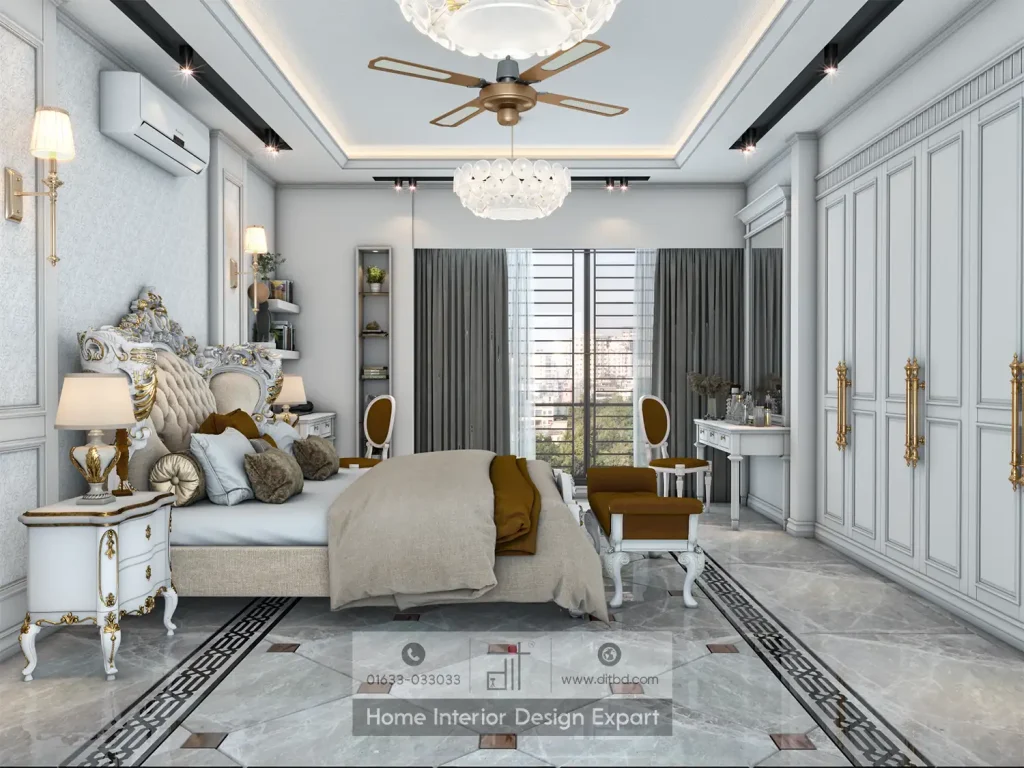 Full master bedroom view with vanity table, mustard velvet armchair, and crystal chandelier by DIT Studio Dhanmondi-10A