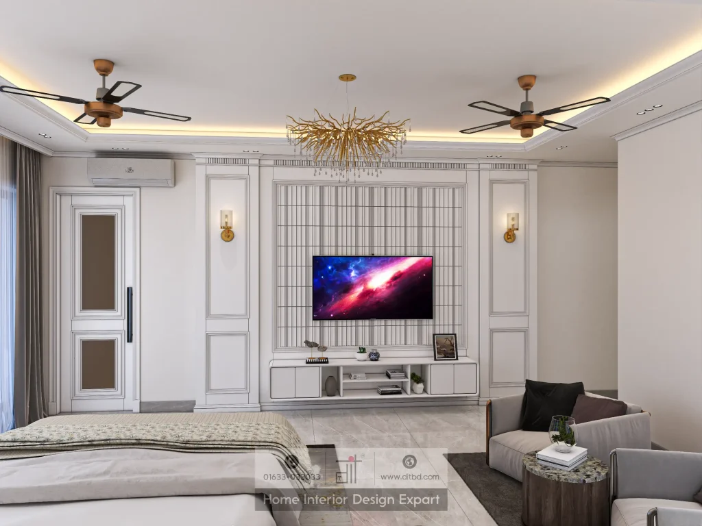 Classically panelled TV wall with gold chandelier in luxury Gulshan-2 master bedroom by DIT Studio
