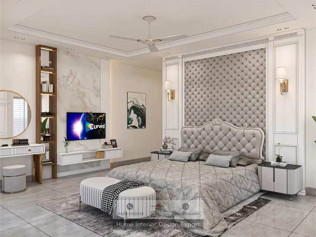 Diagonal view of luxury master bedroom showing tufted bed wall and marble TV wall by DIT Studio in Uttara Sector 7 Dhaka
