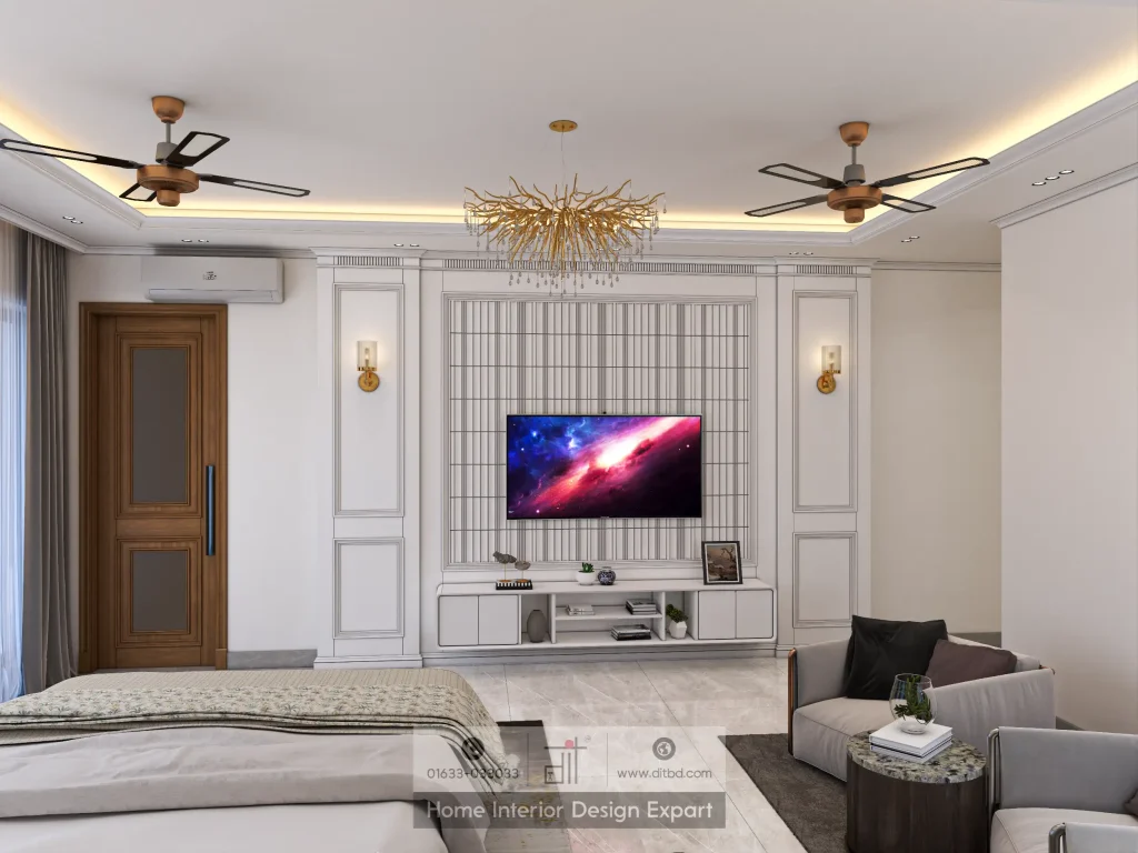 TV feature wall with vertical slat panelling and gold sconces in Gulshan-2 bedroom by DIT Studio