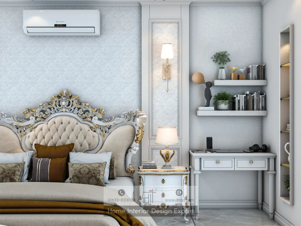 Bedside study desk with floating shelves and ornate gold headboard detail in DIT Studio Dhanmondi-10A project