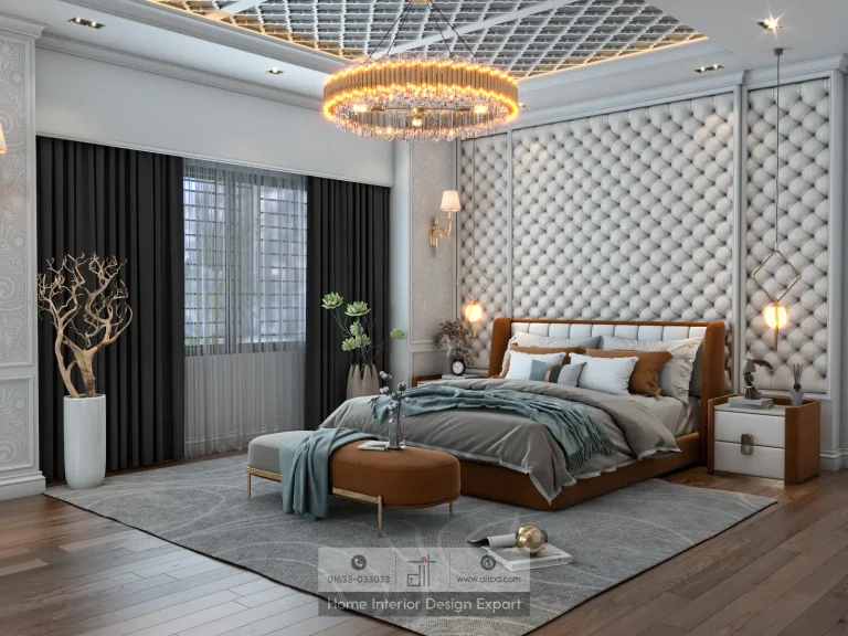 Frontal view of luxury bed against white tufted headboard wall with crystal chandelier and gold sconces in Gazipur apartment