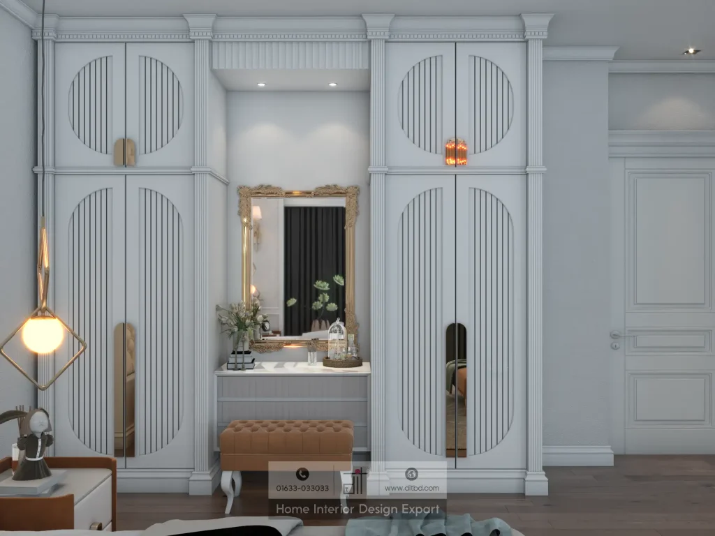 Close-up of built-in vanity with ornate gold Baroque mirror, glass cloche, and amber wall sconce between slatted wardrobes by DIT Studio
