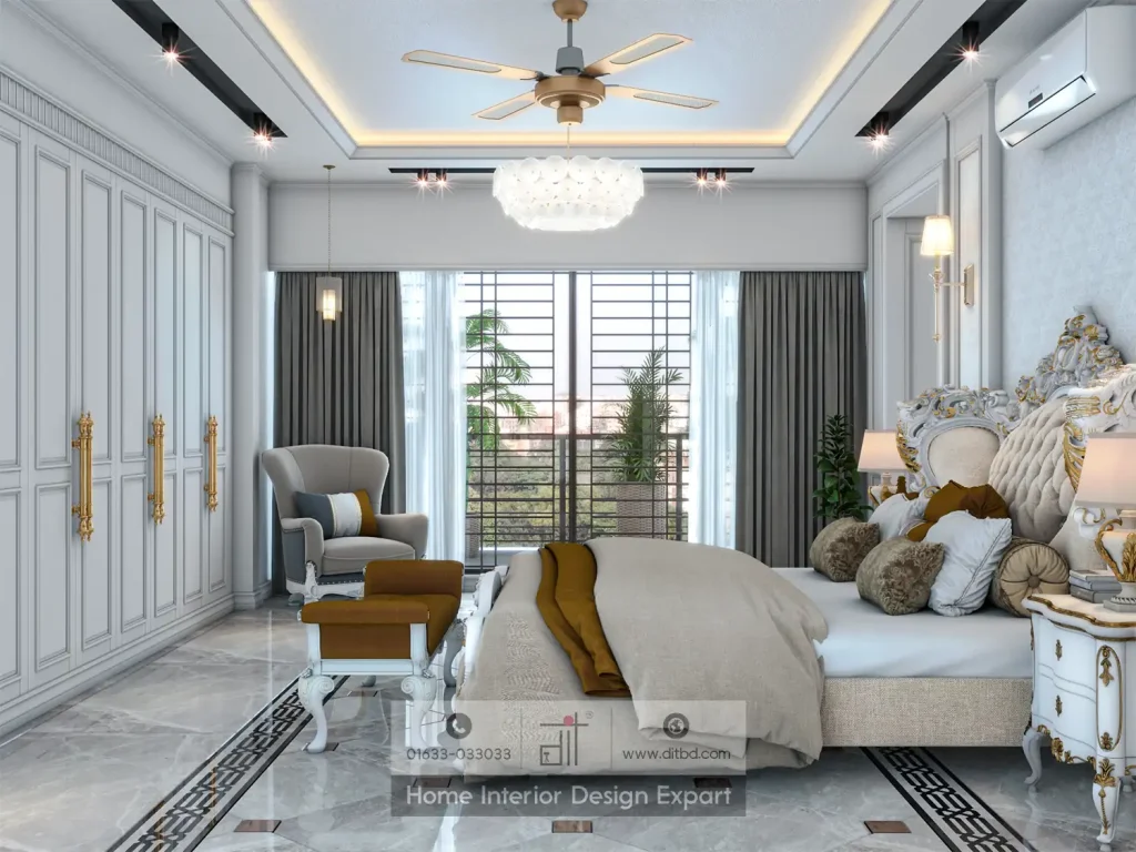 Master bedroom balcony view with charcoal drapes and neoclassical furnishings by DIT Studio Dhanmondi-10A