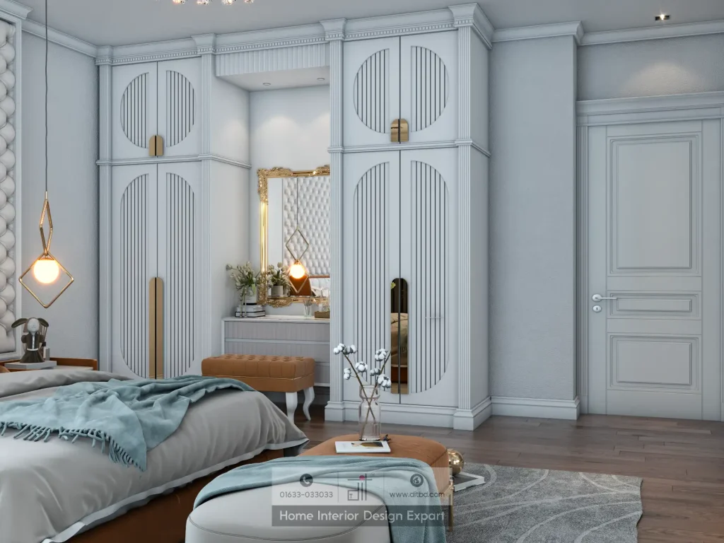 White neoclassical slatted arch-door wardrobes with gold Baroque vanity mirror and caramel tufted stool in Gazipur master bedroom