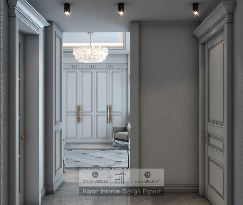 Hallway entrance to luxury master suite with panelled walls and bubble chandelier by DIT Studio Dhanmondi-10A