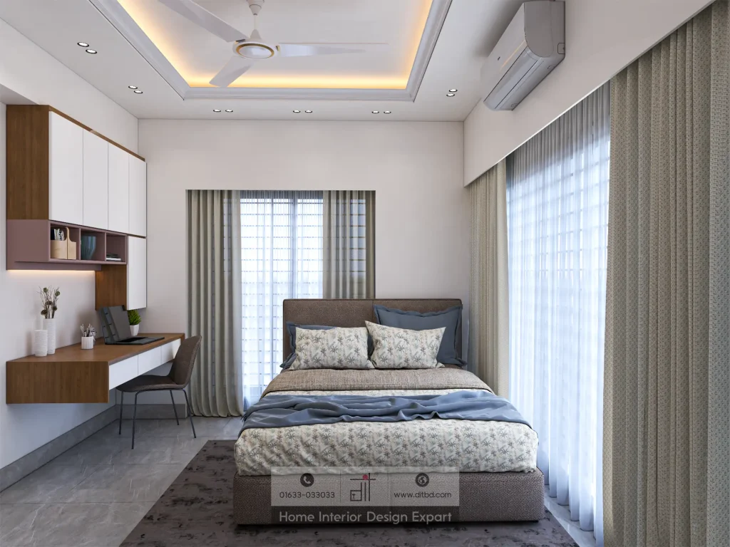 Full room view of minimal bedroom with grey bed and coffered ceiling in Tolarbag Mirpur-1 by DIT Studio