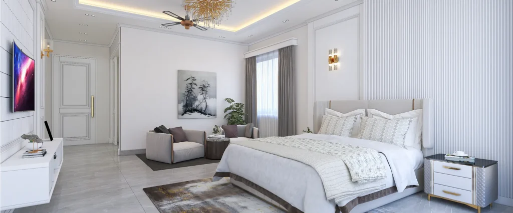 Minimal white bedroom with gold sputnik chandelier, fluted accent wall, and seating nook in Gulshan-2 apartment by DIT Studio