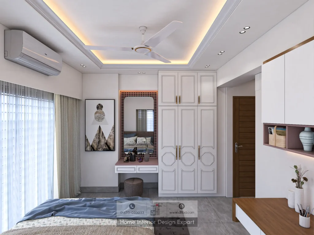 Vanity area with jali mirror frame and white wardrobe in Tolarbag Mirpur-1 bedroom by DIT Studio