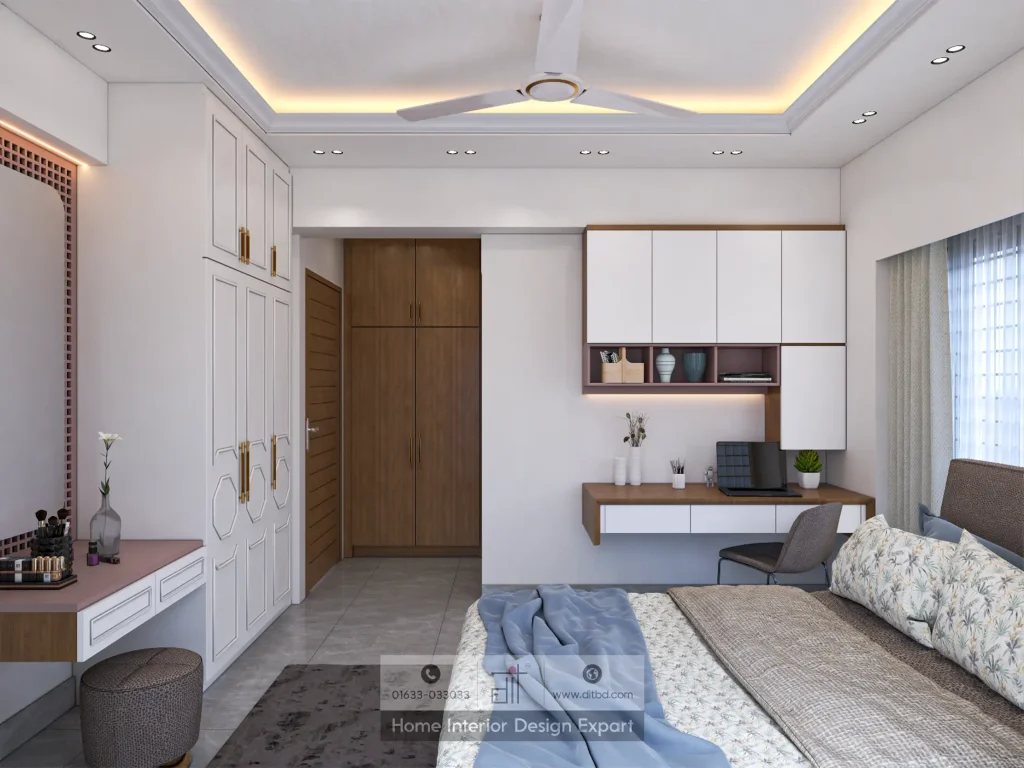 Minimal bedroom with built-in wardrobe, vanity, and study desk in Tolarbag Mirpur-1 apartment by DIT Studio