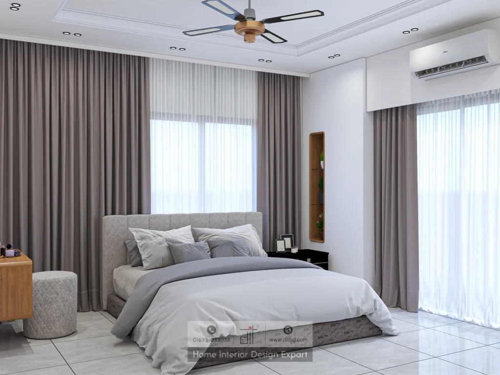 Minimal bedroom with grey upholstered headboard and taupe curtains in Keraniganj apartment by DIT Studio