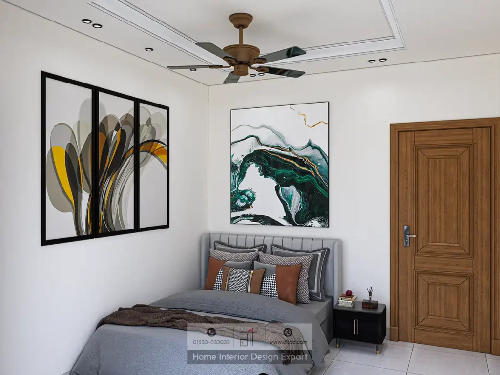Minimal bedroom with grey tufted bed, burnt orange accent pillows, emerald abstract art, and three-panel triptych by DIT Studio