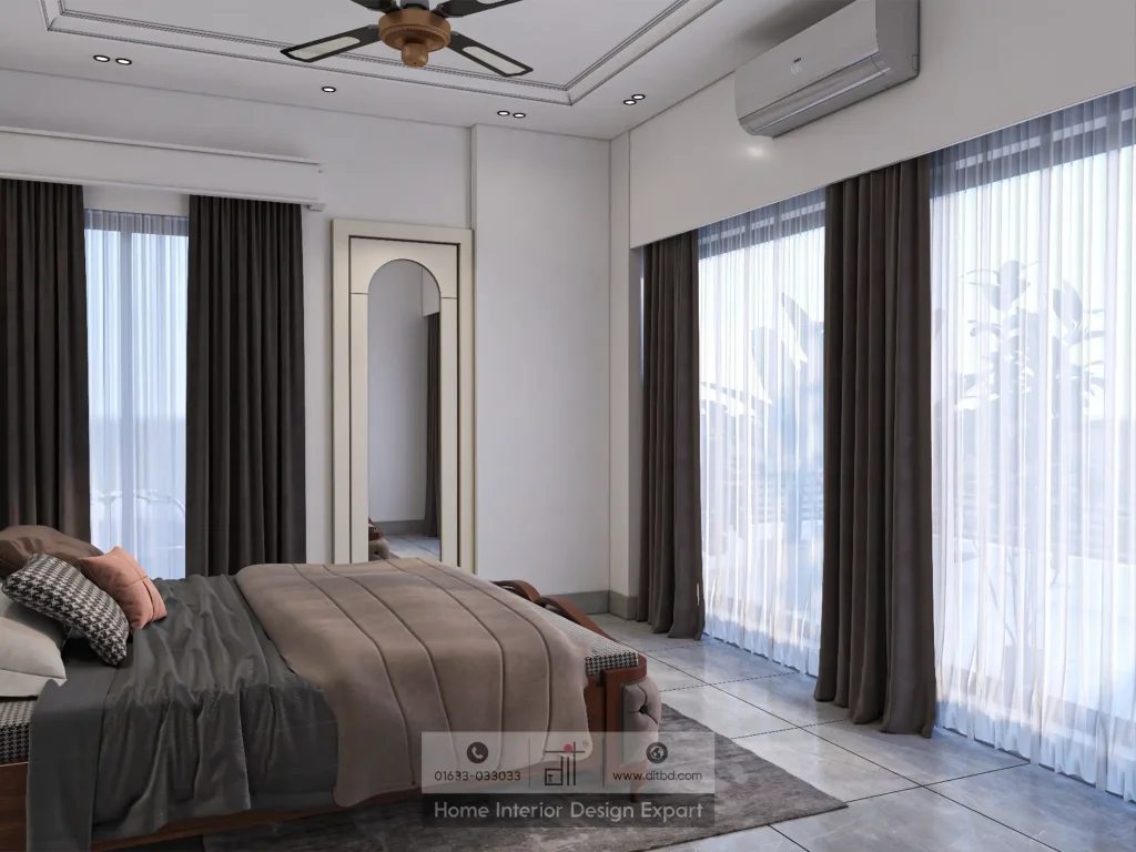 Bedroom window view with dark brown curtains and arched full-length mirror in Moghbazar designed by DIT Studio