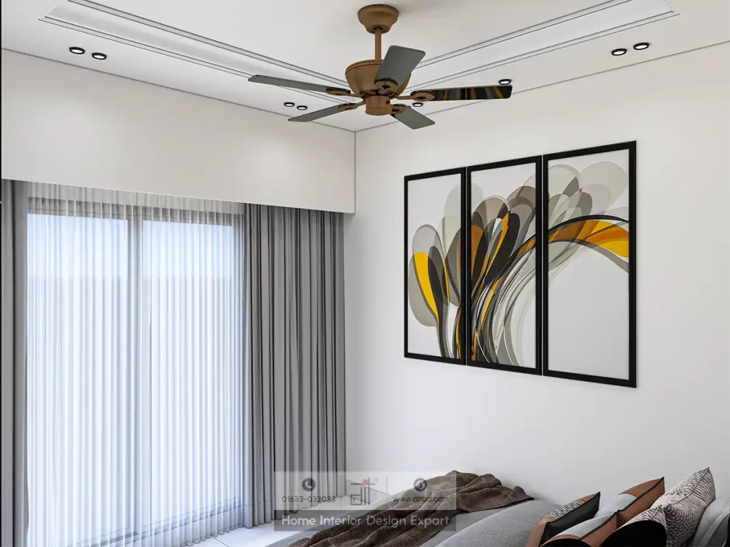 Window wall with sheer grey curtains and bold abstract triptych art in yellow and olive tones in minimal bedroom
