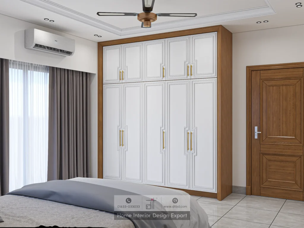 Full wardrobe view with gold handles and wooden door in minimal Keraniganj bedroom by DIT Studio