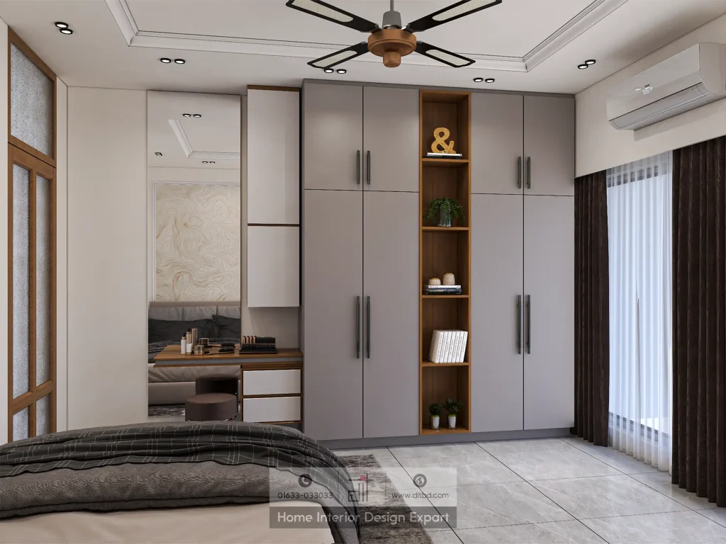 Grey floor-to-ceiling wardrobe with walnut open shelving and dressing table designed by DIT Studio in Moghbazar Dhaka