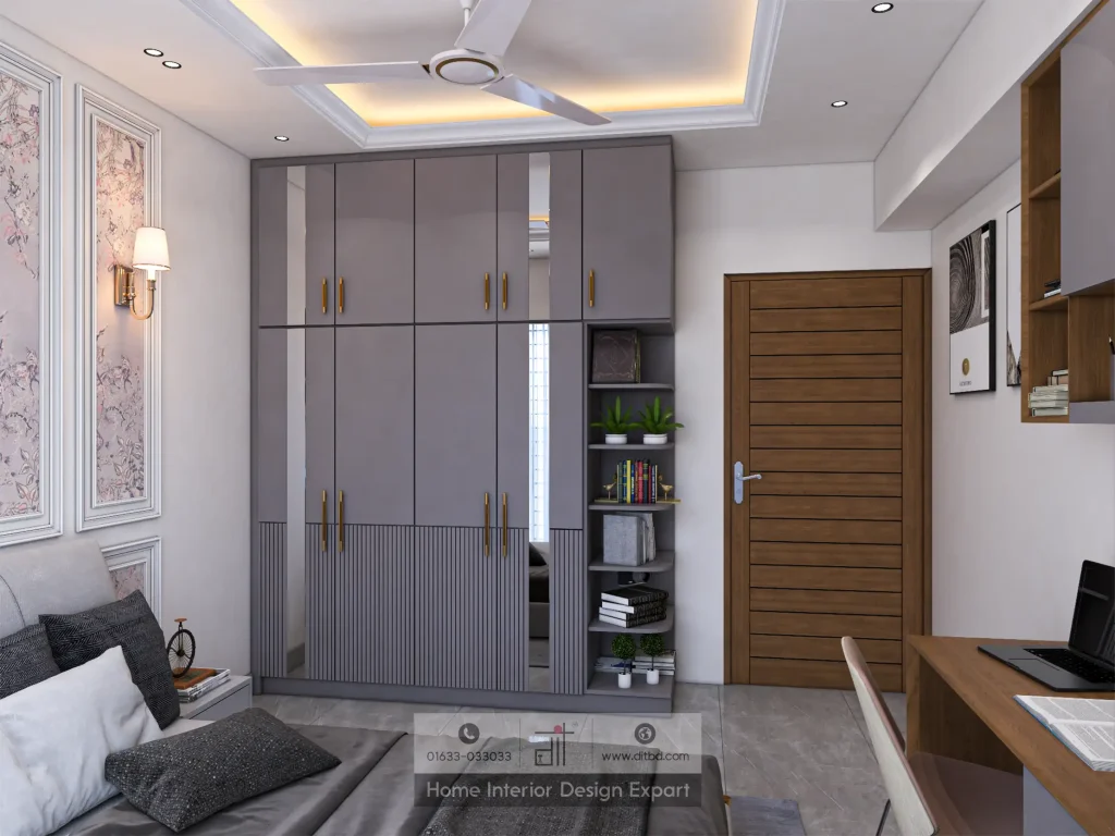 Grey minimal closet with gold handles open shelving and study desk in Wari bedroom designed by DIT Studio Dhaka