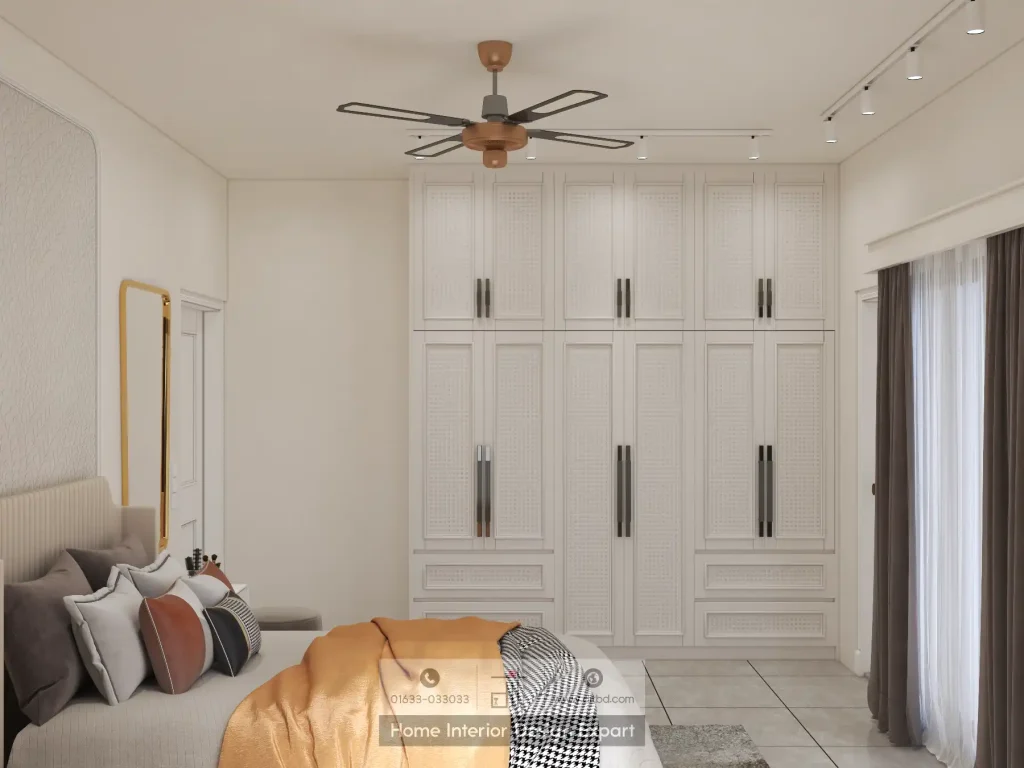 Full-height cane-weave wardrobe with matte black handles in Mohammadpur bedroom by DIT Studio