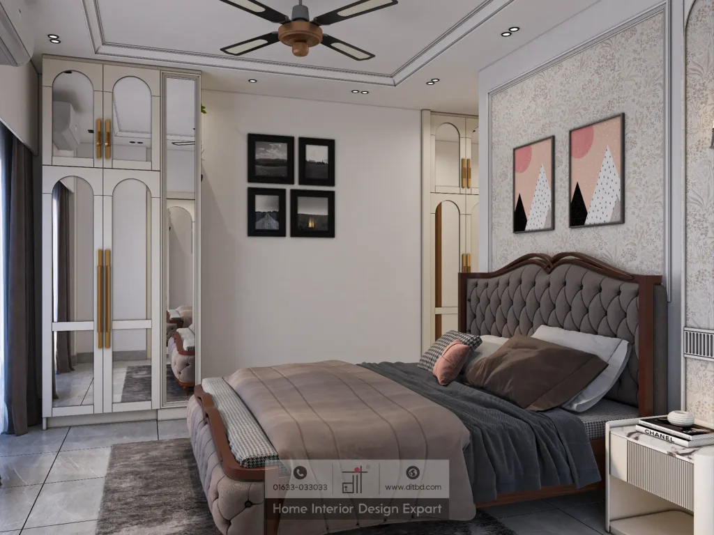 Elegant bedroom with arched-panel cream closet and tufted headboard by DIT Studio in Moghbazar Dhaka
