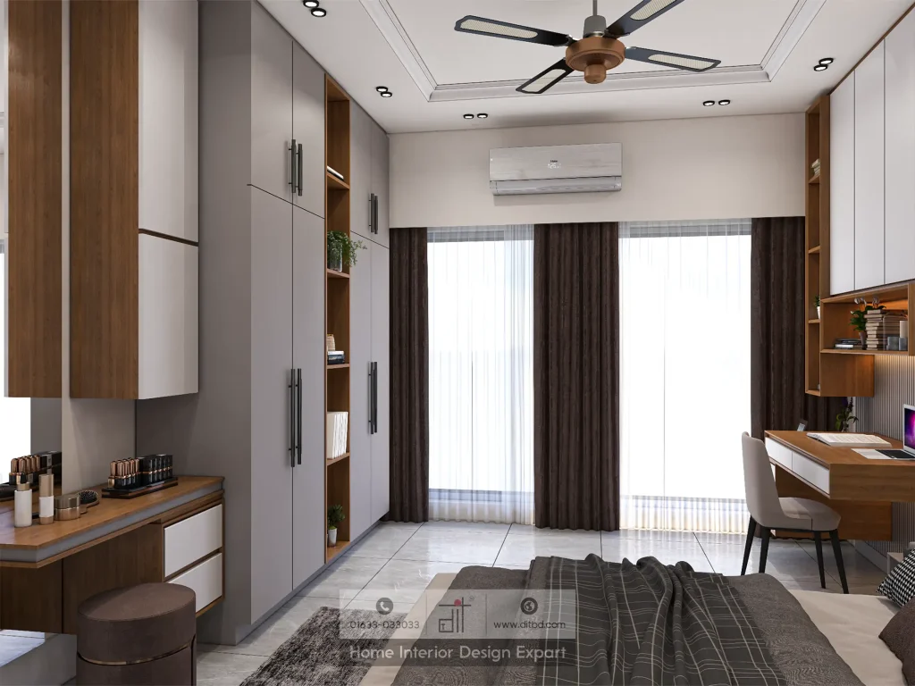 Full room view of grey wardrobe wall with study desk and dressing area by DIT Studio Moghbazar