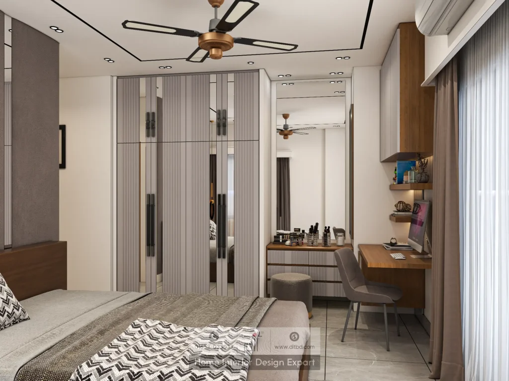 Grey fluted wardrobe with mirror strips and compact dressing corner by DIT Studio in Moghbazar Dhaka