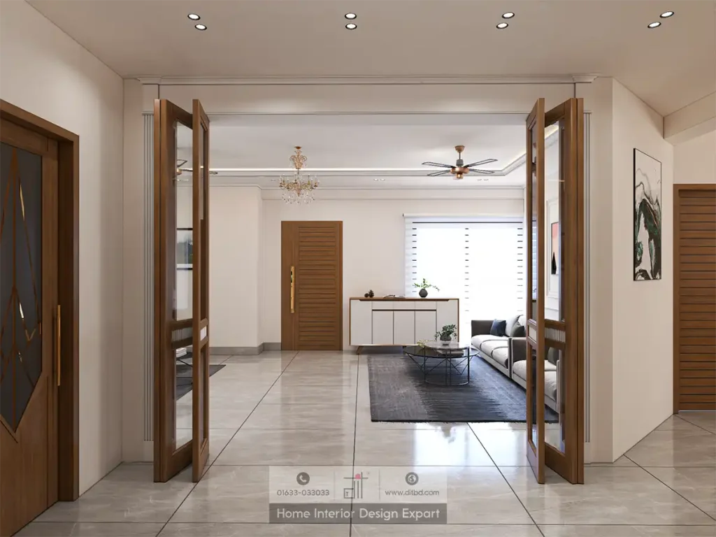Grand entrance with walnut glass-panel double doors opening into minimal common area in Basila apartment by DIT Studio