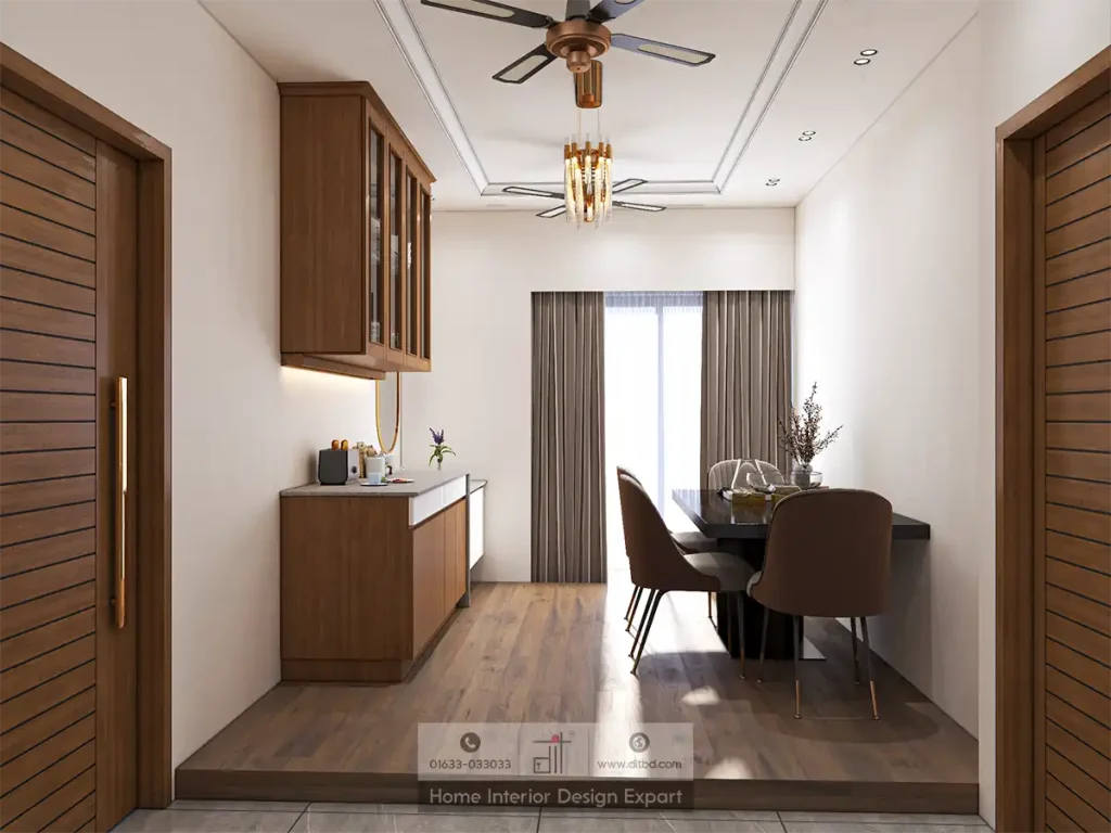 Dining zone on raised wooden platform with brown leather chairs and walnut display cabinet by DIT Studio Basila