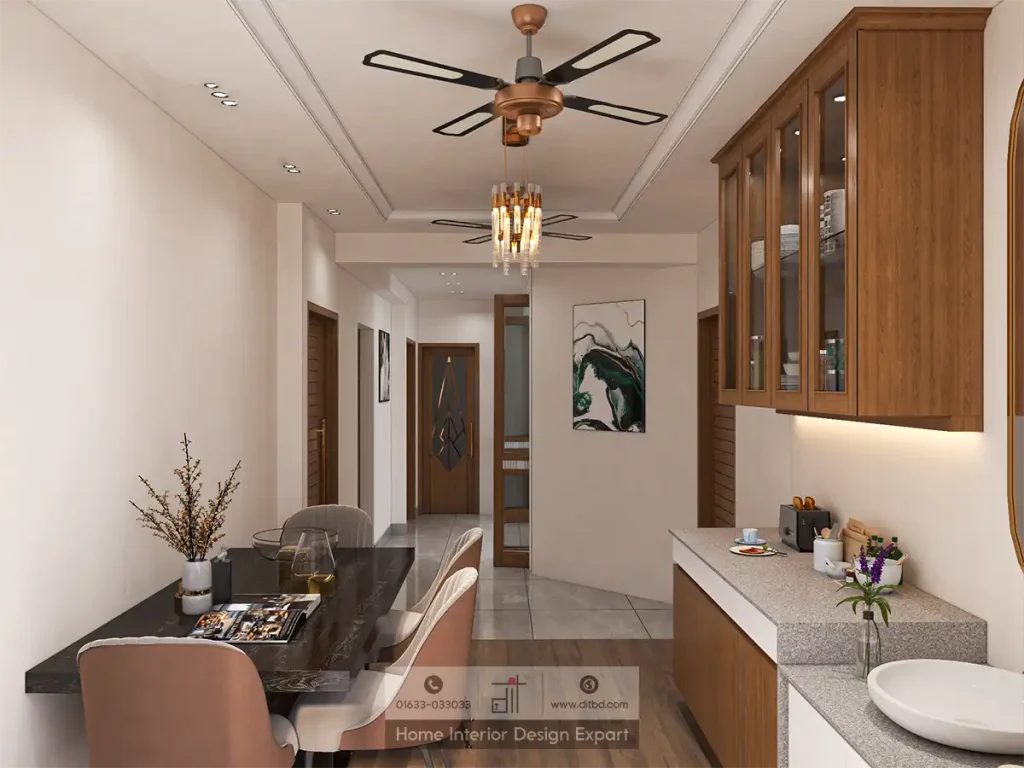 Full dining room perspective with blush chairs, pendant light and corridor view in minimal Basila apartment by DIT Studio