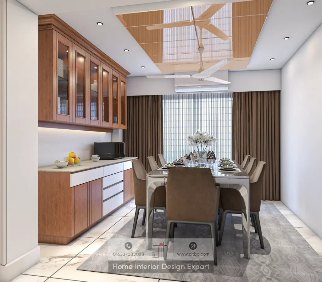Full view of minimal dining room with six-seater glass table, walnut ceiling panel, ceiling fan, and natural light through sheer curtains by DIT Studio