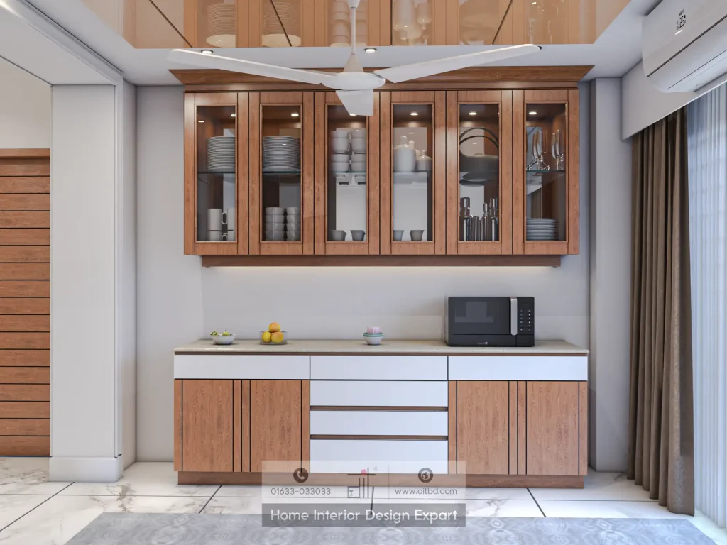 Walnut wood glass-front display cabinet with dishes and white lower pantry counter in minimal dining room by DIT Studio