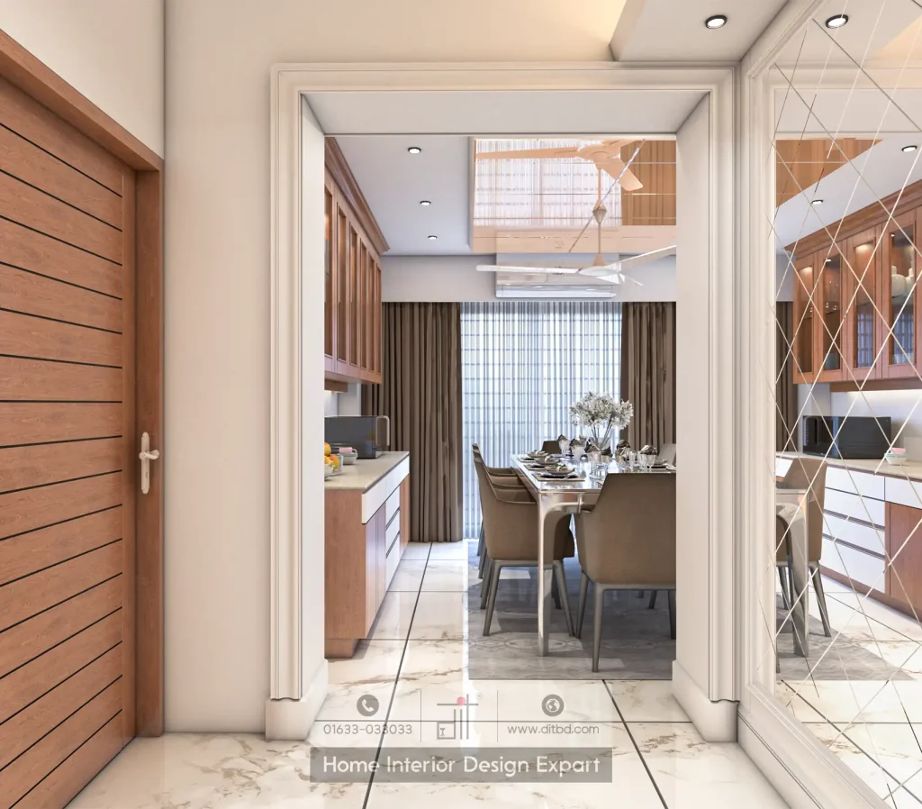 Entryway view into minimal dining space with glass-top table, taupe chairs, walnut pantry counter, and beveled mirror wall by DIT Studio