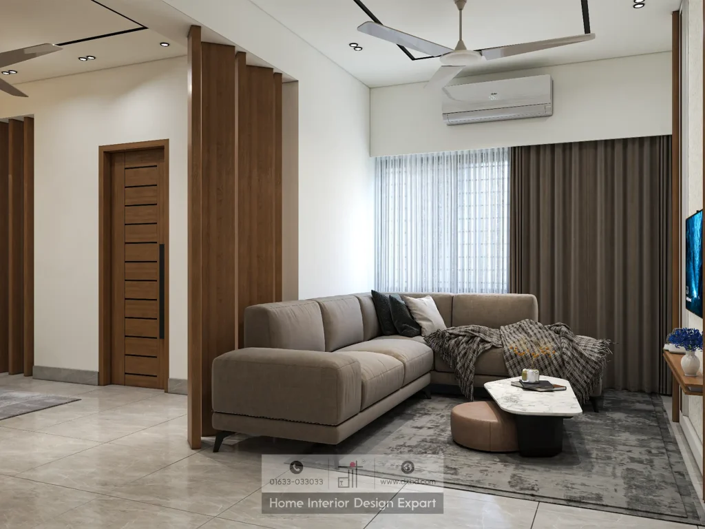 L-shaped beige sofa with walnut partition columns in family living room by DIT Studio in Moghbazar Dhaka