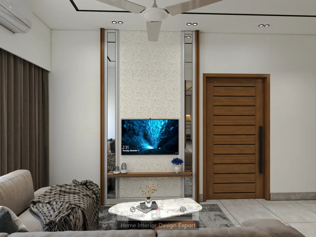 Minimal family living room with TV feature wall and floral wallpaper designed by DIT Studio in Moghbazar Dhaka